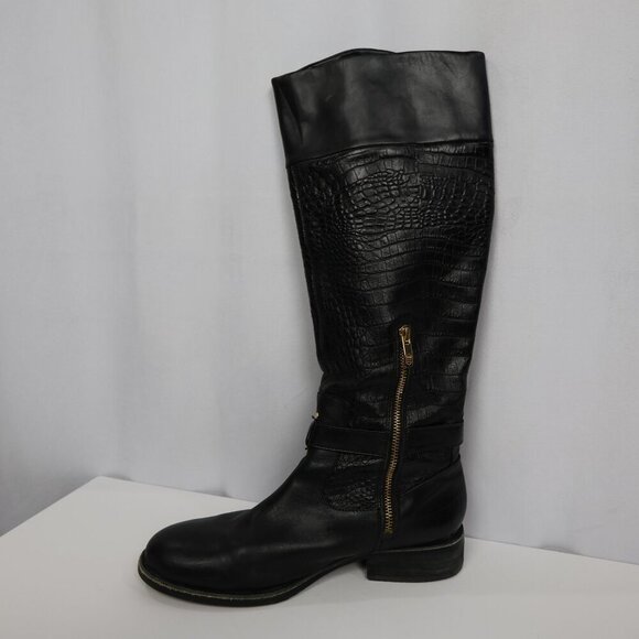 Vince Camuto Black Leather Embossed Knee High Riding Boots Gold Zip Buckle - 10 - Picture 8 of 14